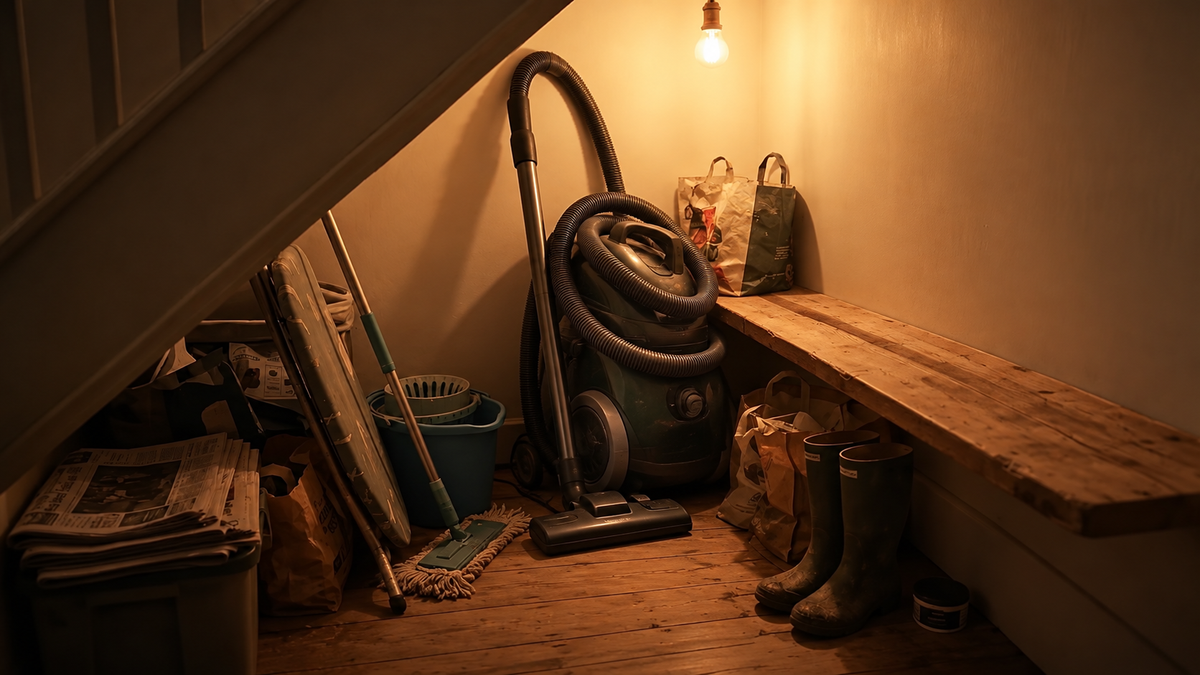 A cupboard under the stairs with an old corded cylinder vacuum pushed to the back and a cordless stick with its battery removed