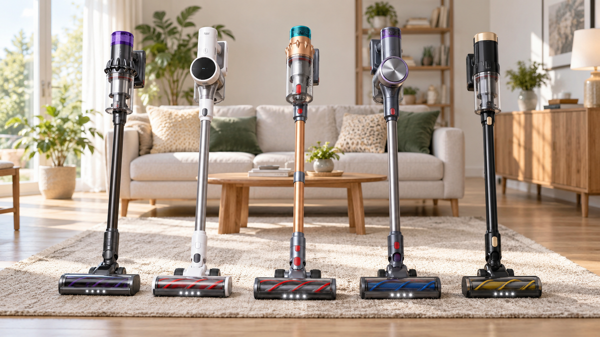 Eight cordless vacuums standing in a row in a hallway at the same scale, the AIRVAC V18 second from left