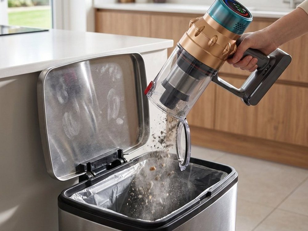 The 1.2-liter bin opens from the bottom with one press.
